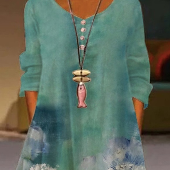 Maxi Dress A-Line Long Sleeve Crew Neck Button Design Top Size XXL Teal/Blue New - Picture 3 of 3